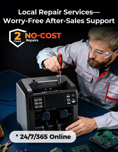 Technician repairing IMC23 Cash Counter Machine With Mixed Denominations, showing local repair service and support details.