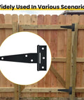 4 Pack Heavy Duty T Strap Gate Hinges for Barn Doors, Black 4 Inch Tee Hinges on wooden gate, showing usage on fence