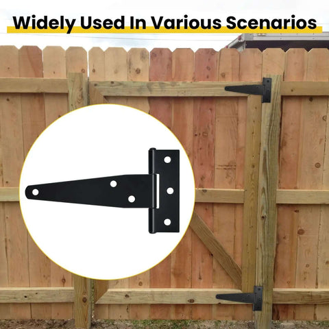 4 Pack Heavy Duty T Strap Gate Hinges for Barn Doors, Black 4 Inch Tee Hinges on wooden gate, showing usage on fence