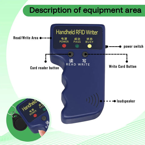 125kHz RFID Copier and Writer for T5577 EM4305 Handy Duplicator, showing buttons and functions.