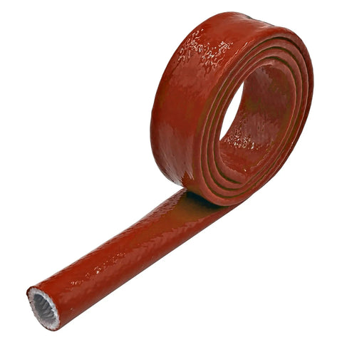 Coiled 1 Inch Silicone Coated Fiberglass Fire Sleeve For Heavy Duty Heat Shielding Of Fuel Hydraulic And Oil Lines 25 Feet Long Red Orange Color High Temperature Up To 260 Celsius VW1 Rated