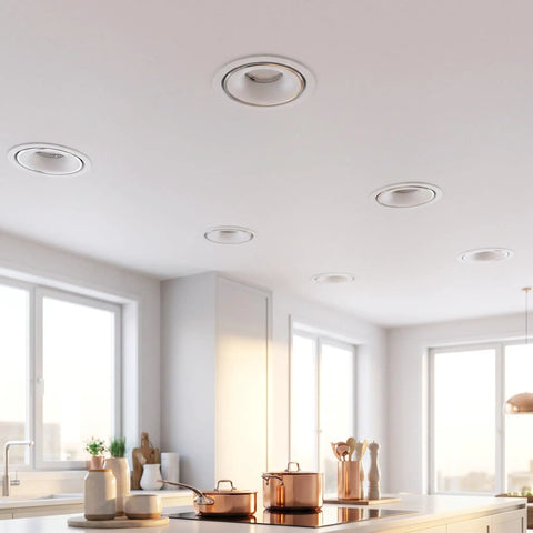 OUNONA Recessed Lighting Trims: Spotlight Downlight Holder, MR16/GU10 Retrofit Eyeball Light Fixtures in modern white ceiling.