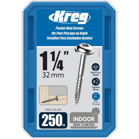 Zinc Pocket Hole Screws 1-1/4 Inch Fine Thread Maxi-Loc Head 250 Count For Woodshop Pros Cabinetry And Furniture Assembly