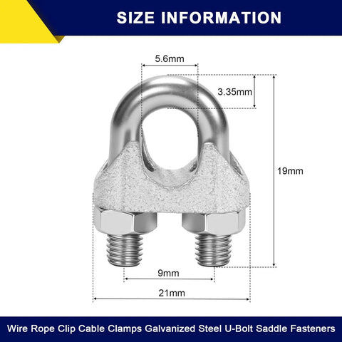 100 Pcs M3 Wire Rope Clip Clamps One Eighth Inch Galvanized U Bolt Saddle Fasteners with size measurements