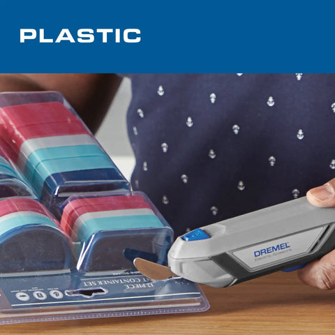 Dremel 4V Cordless Electric Scissors With USB Rechargeable Battery And Two Sharp Hssc Blades For Cutting Cardboard Fabric And Paper Effortlessly Ideal For Home Diy Tasks And Crafting Projects Made Easy In One Hand, cutting plastic packaging.