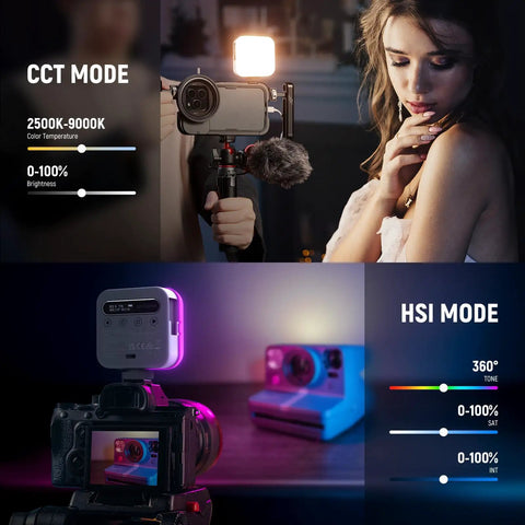 Magnetic RGB Video Light For Cameras, 360 Degree Full Color LED Light With CRI 96 Plus, 2500K To 9000K in CCT and HSI modes