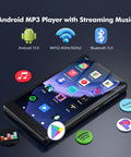 Android MP3 Player With Bluetooth and WiFi 4.5 Inch IPS Touchscreen, displaying streaming apps Spotify, Pandora, Amazon Music.