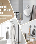 Suction Cup Hooks for Shower and Bathroom No Drill Installation in use with towels and loofah on glass and tile surfaces in bathroom.
