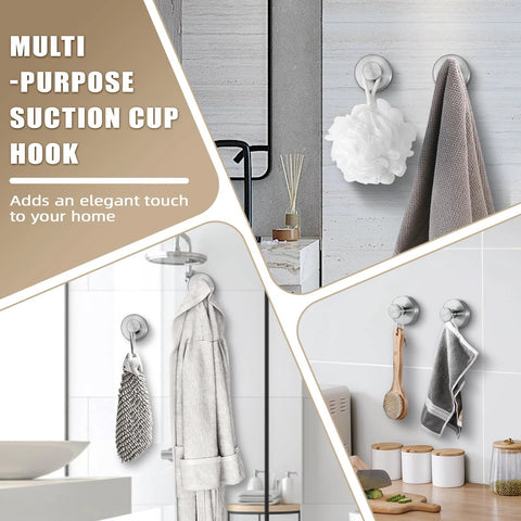 Suction Cup Hooks for Shower and Bathroom No Drill Installation in use with towels and loofah on glass and tile surfaces in bathroom.