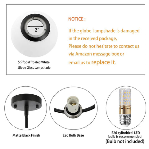 Details of Two Pack Modern Globe Pendant Lights Matte Black Mid Century Chandelier With White Glass Globe Lampshades 1 Light Each Ceiling Hanging Fixture.