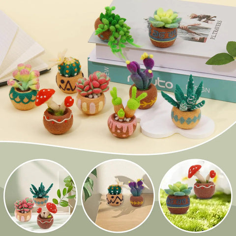 Colorful felt succulent figures made from 9 Piece Succulent Needle Felting Kit For Beginners With Wool Roving, Felting Pad, Needles, And Step By Step Instructions For DIY Craft And Home Decor Today, displayed in small pots.
