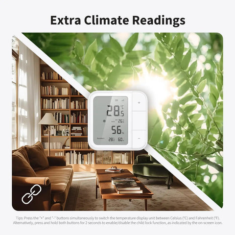 Thread And Zigbee Smart Climate Sensor W100 For Temperature And Humidity Monitoring displayed in a cozy room with sunlight and leaves.