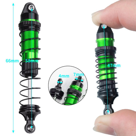 Aluminum Front And Rear RC Shock Absorber Set For Losi 1 18 Mini LMT 4x4 Brushed Monster Truck RTR Upgrade Parts with beefed up damping and telescopic travel shown with measurements and close-up details.