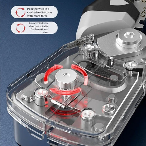 Close-up of Heavy Duty Multifunctional Wire Stripper Tool For Electricians with clear view of adjustable features and gripping mechanism.