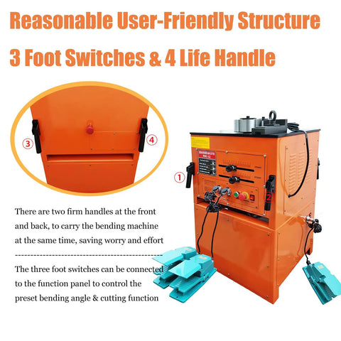 Heavy Duty Electric Rebar Bender And Cutter Machine For Concrete Construction featuring 3 foot switches and handles, user-friendly design.