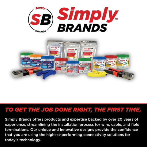 Simply Brands display with ProSeries All-In-One RJ45 Ethernet Crimping Tool Workhorse and accessory range.