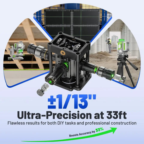 Self Leveling 360 Degree Green Cross Line Laser Level With Receiver For Outdoor Use Up To 660 Feet 4x360 Degree Coverage Rechargeable Laser Level Tool For Construction And DIY Projects, black receiver mount, 33ft precision