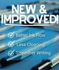 Conductive Ink Pen For DIY Circuits With Silver Ink laying on table, new and improved features listed as better ink flow, less clogging