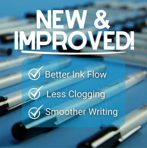 Conductive Ink Pen For DIY Circuits With Silver Ink laying on table, new and improved features listed as better ink flow, less clogging