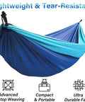 Blue Outdoor Camping Hammock Portable with tree straps and rope, 56 by 103 inches, durable nylon suspension in blue tones