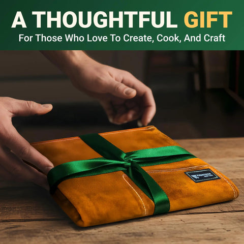 Rugged Leather Welding Apron With Eleven Tool Pockets for Woodworking and Metalworking, wrapped as a gift on wooden table