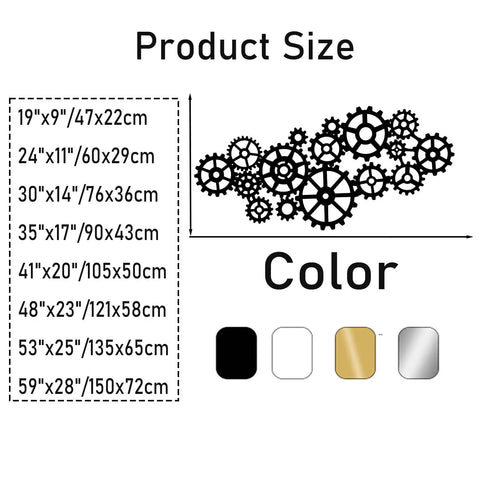 Product size chart for Kickass Steampunk Gear Wheel Metal Wall Decor For Living Room Or Man Cave with color options.