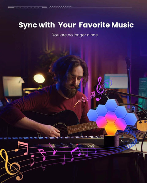 Musician playing guitar with RGB Hexagon Wall Lights For PC Setup USB Powered LED Decor With Seventy Effects in background