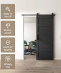 32x84 Inch Wave Style Sliding Barn Door Kit With Hardware Included, Solid Wood Core With MDF And PVC Covered, Easy Installation, Dope Black Finish, Farmhouse Ready Door For Living Room, Bedroom Or Kitchen Renovation. Shown installed in modern living space with wood floor.