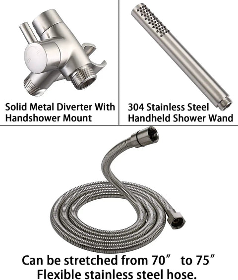 All Metal Dual Shower Head Combo With 8 Inch Rainfall Head Handheld Spray Wand Three Way Diverter Adjustable Extension Arm And 71 Inch Hose In Brushed Nickel Built To Last featuring metal diverter, stainless handheld wand, flexible hose