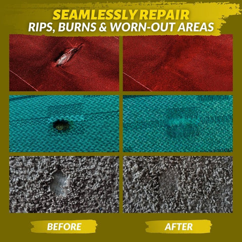Fabric And Carpet Repair Kit For Tears, Holes, And Burns Easy DIY Patch For Upholstery, Rugs, And Clothing With Color Matching And Customizable Colors For Quick Realistic Repairs At Home before and after repairs showing repaired fabric surfaces.