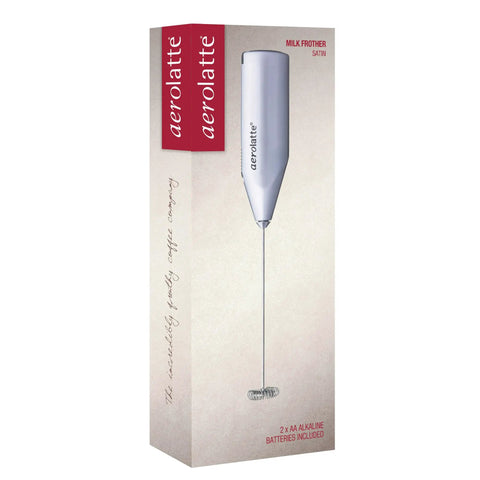 Front view of boxed Steam Free Milk Frother That Works Without Electricity Satin Finish 18/8 Stainless Steel Whisk BPA Free Plastic Housing Batteries Included Easy To Use For Lattes Cappuccinos Mochas And Rich Foamy Milk At Home