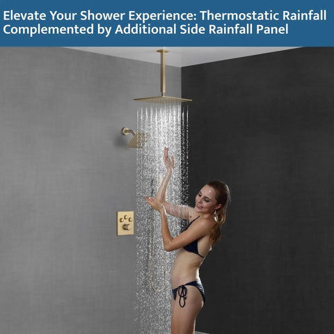 Total Game Changer Thermostatic Shower System With Brushed Gold Finish And Smooth Push Button Diverter Featuring A Versatile 2 In 1 Handheld And 12 Inch Ceiling Rain Head Plus 6 Inch Wall Mount That Just Hits Different