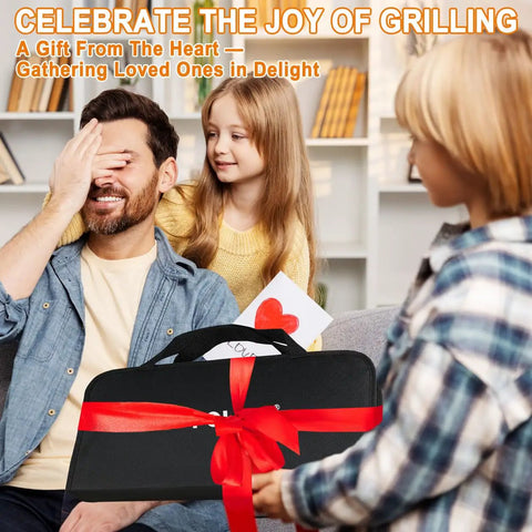 Family gifting Ultimate 26 Piece Stainless Steel BBQ Grill Tools Set With Storage Bag to a smiling dad.