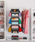 Beefy 66 Pound Capacity Hanging Closet Organizer With Collapsible Shelves For Purses And Bags Durable Nonwoven Fabric Large Side Pockets Fits Closet Or RV 42 Inch Tall Gray showcasing folded clothes, handbags, and shoes