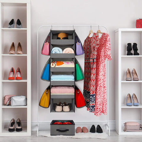 Beefy 66 Pound Capacity Hanging Closet Organizer With Collapsible Shelves For Purses And Bags Durable Nonwoven Fabric Large Side Pockets Fits Closet Or RV 42 Inch Tall Gray showcasing folded clothes, handbags, and shoes