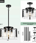 Kickass 14 Inch Three Light Black Chandelier Smooth 2 In 1 Convertible Pendant And Flush Mount With Textured Drum Glass Top Shelf Modern Farmhouse Lighting For Dining Room Kitchen Island Foyer Straight Up Easy Install showing dimensions and style.