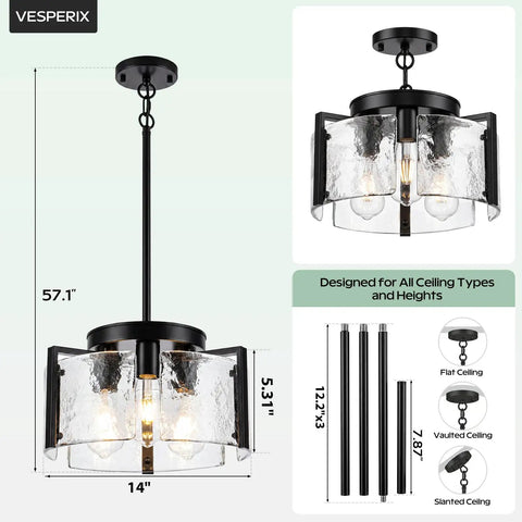 Kickass 14 Inch Three Light Black Chandelier Smooth 2 In 1 Convertible Pendant And Flush Mount With Textured Drum Glass Top Shelf Modern Farmhouse Lighting For Dining Room Kitchen Island Foyer Straight Up Easy Install showing dimensions and style.