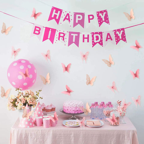Birthday party setup with 144 Piece 3D Butterfly Wall Stickers Set With 3 Styles For DIY Decor Removable Wall Decals in pink