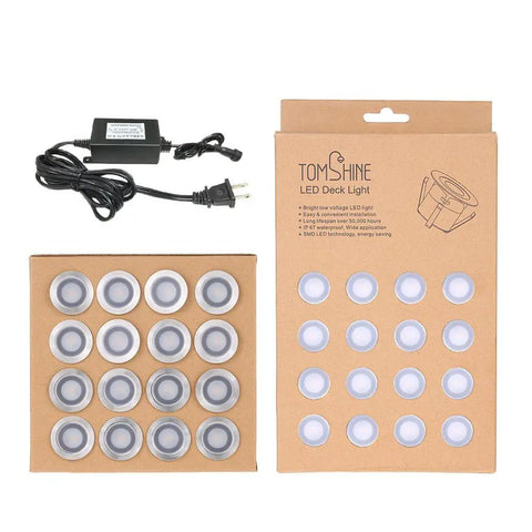 16 Pack Recessed LED Deck Lights 32mm Step Lights Outdoor Waterproof 12V Low Voltage Landscape with packaging and adapter