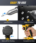Cordless Rivet Gun for DeWalt 20V Max Battery Tool tutorial showing loading, aligning, and riveting process.