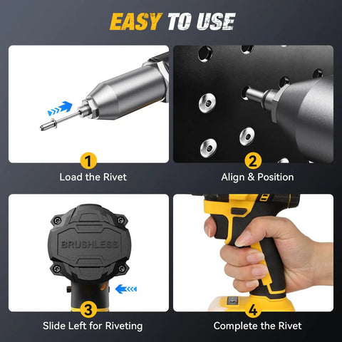 Cordless Rivet Gun for DeWalt 20V Max Battery Tool tutorial showing loading, aligning, and riveting process.