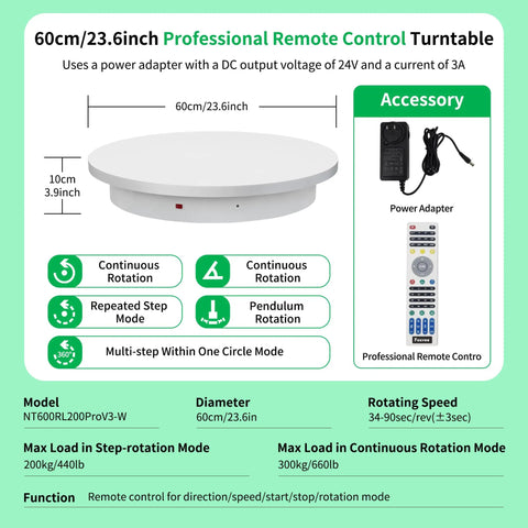 Heavy Duty Motorized Turntable With Remote Speed Control For 3D Scanning And Showcase Displays Up To 660 Lbs Super Sturdy Electric Rotating Platform with remote and power adapter.