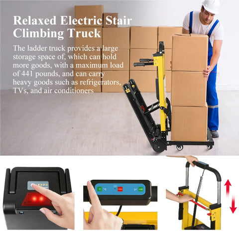Heavy Duty Electric Stair Climber Hand Truck That Crushes 441 Lbs Loads With Ease, features adjustable tracks and buttons for ease of use.