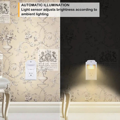 Glare Free Plug In LED Night Light with Dusk to Dawn Sensor in half-lit room, warm white glow, showing automatic illumination feature.