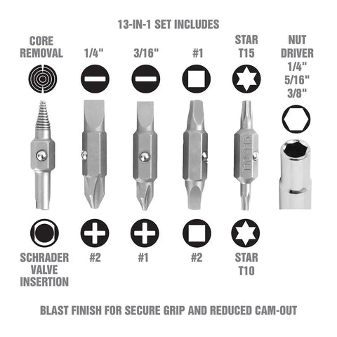 13 In 1 Multi Screwdriver And Nut Driver With Schrader Valve Tool Pro Grade showing included bits and nut drivers.