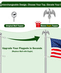 Sturdy 6 Foot Stainless Steel Flag Pole Kit With 1.25 Inch Diameter Built To Weather The Wind And Last For Years Rustproof And Corrosion Resistant Outdoor Flagpole With Holder Includes Embroidered US Flag For Home Or Biz Use showing ball and eagle toppers.
