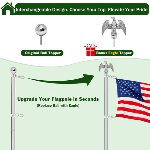 Sturdy 6 Foot Stainless Steel Flag Pole Kit With 1.25 Inch Diameter Built To Weather The Wind And Last For Years Rustproof And Corrosion Resistant Outdoor Flagpole With Holder Includes Embroidered US Flag For Home Or Biz Use showing ball and eagle toppers.