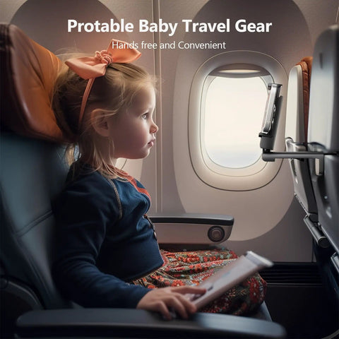Child using Airplane Travel Phone Holder Mount For Flying Universal Must Have Hands Free Phone Stand attached to airplane tray.