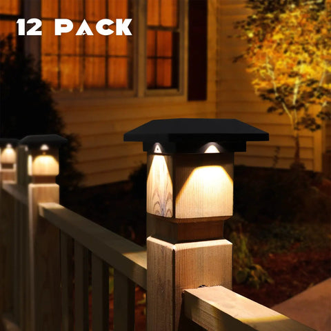 Solar Post Cap Lights For 4x4 Wood Posts, Outdoor Waterproof Warm White LED, solar powered on fence at night