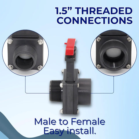 Close-up of must have 1.5 inch gate valve full shut off for above ground pools threaded male to female adapter with connections